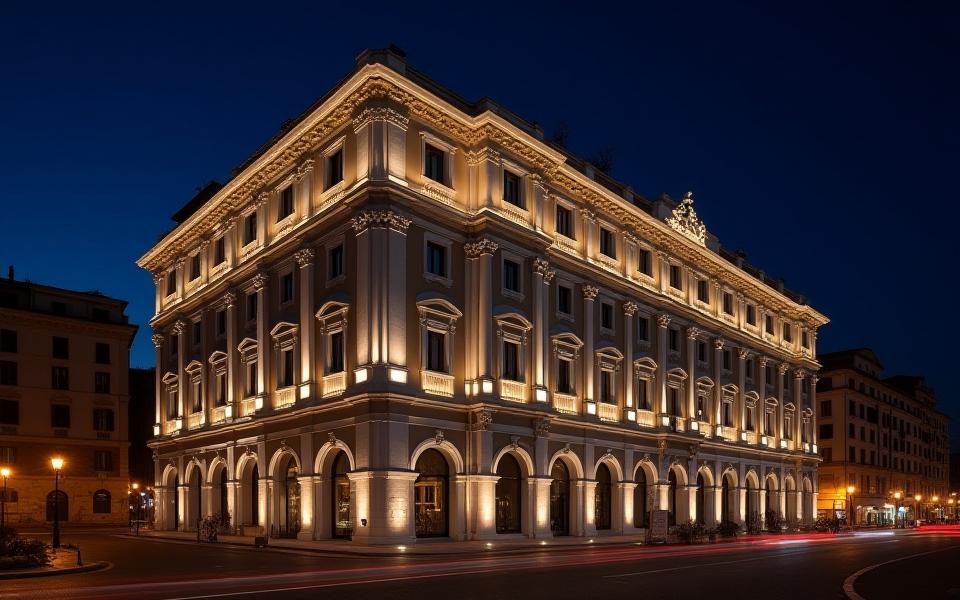 Immagini dettagliate della facciata illuminata dell'Hotel Minerva