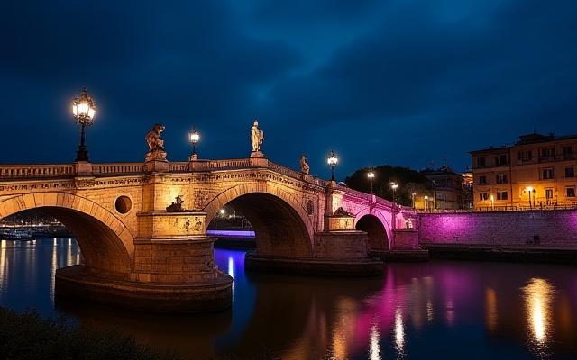 Illuminazione di un ponte storico a Roma di notte