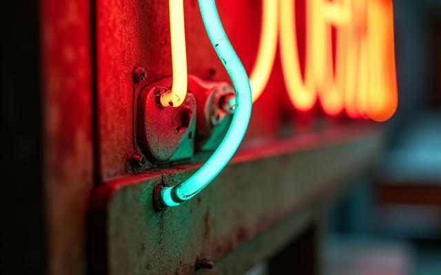 Dettaglio di un'insegna al neon vintage restaurata con colori brillanti
