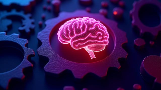 Concetto astratto di proprietà intellettuale che mostra ingranaggi e un cervello illuminato da un neon, simboleggiando idee e protezione legale nel design.